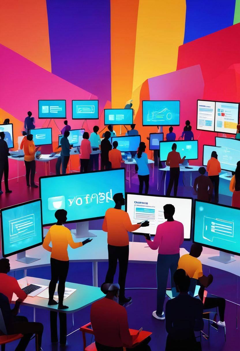 An abstract representation of diverse people connected through digital devices, sharing ideas and voting in a virtual environment. The scene features vibrant graphs and polls on screens, symbolizing collective decision-making. Bright colors and digital elements merge to create a futuristic atmosphere. People of various ethnicities and ages collaborate in harmony, showcasing inclusivity and innovation. super-realistic. vibrant colors. digital art.