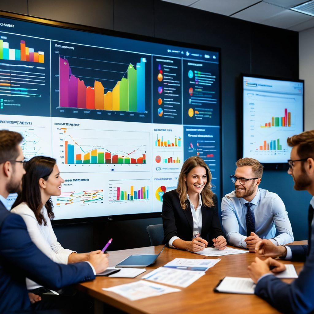 A diverse group of professionals engaged in a vibrant brainstorming session around a large interactive screen displaying dynamic survey results. Incorporate elements like charts, graphs, and emotive reactions from participants to emphasize engagement and transformation. The setting should be modern with an innovative corporate vibe, highlighting teamwork and insight generation. super-realistic. vibrant colors. modern office background.