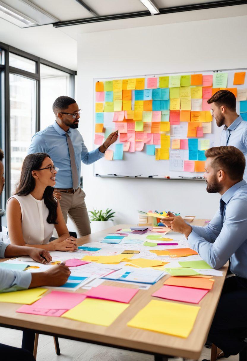 A diverse group of professionals collaborating around a large table, sharing ideas and feedback with sticky notes and charts spread across the table. In the background, a whiteboard filled with strategic planning diagrams and colorful post-it notes. The atmosphere should feel vibrant and energetic, highlighting the importance of collective feedback in empowering enterprises. super-realistic. vibrant colors. bright office environment.